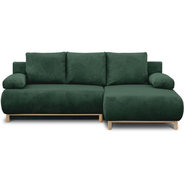 Canapé d'angle droit convertible - 3 places - MIKA - Tissu velours côtelé vert foncé - Coffre de rangement - 192 x 84 x 93 cm