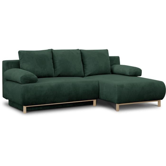 Canapé d'angle droite convertible - 3 places - MIKA - Tissu velours côtelé vert foncé - Coffre de rangement - 192 x 84 x 93 cm