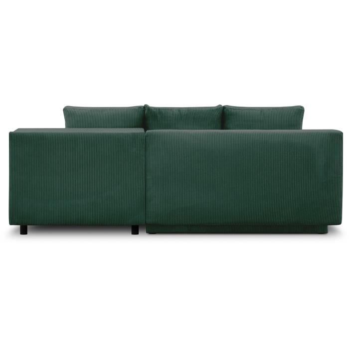 Canapé d'angle droite convertible - 3 places - MIKA - Tissu velours côtelé vert foncé - Coffre de rangement - 192 x 84 x 93 cm