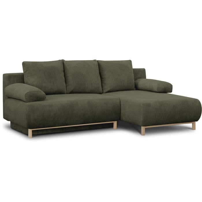 Canapé d'angle droit convertible - 3 places - MIKA - Tissu velours côtelé vert kaki - Coffre de rangement - 192 x 84 x 93 cm