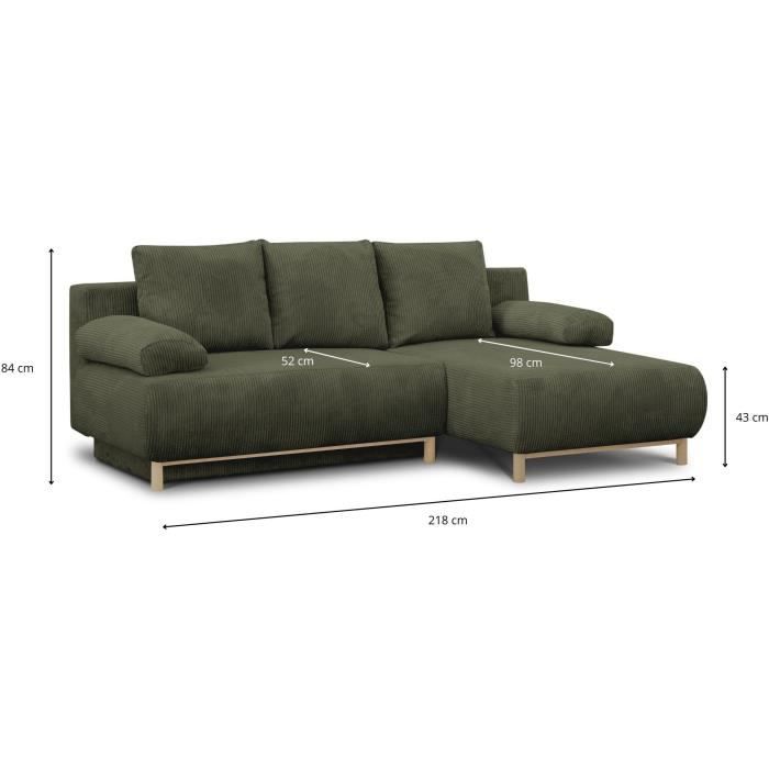 Canapé d'angle droit convertible - 3 places - MIKA - Tissu velours côtelé vert kaki - Coffre de rangement - 192 x 84 x 93 cm