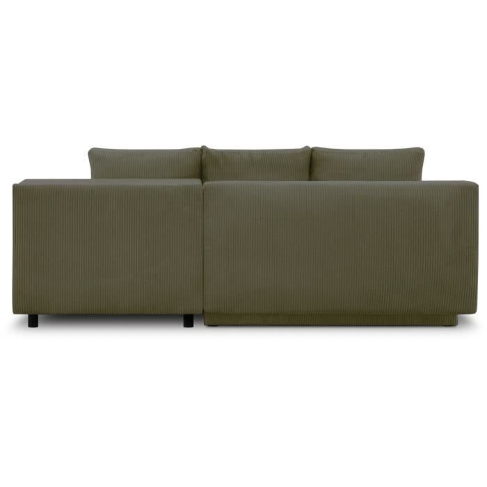Canapé d'angle droit convertible - 3 places - MIKA - Tissu velours côtelé vert kaki - Coffre de rangement - 192 x 84 x 93 cm
