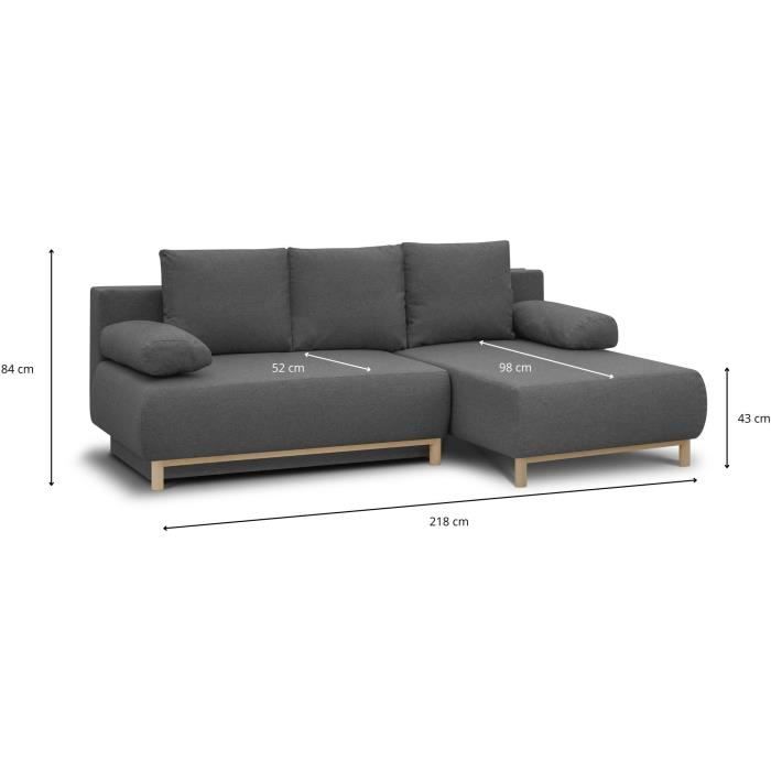 Canapé d'angle droit convertible MIKA 3 places - Tissu gris clair - Coffre de rangement - L218 x P98/145 x H84 cm