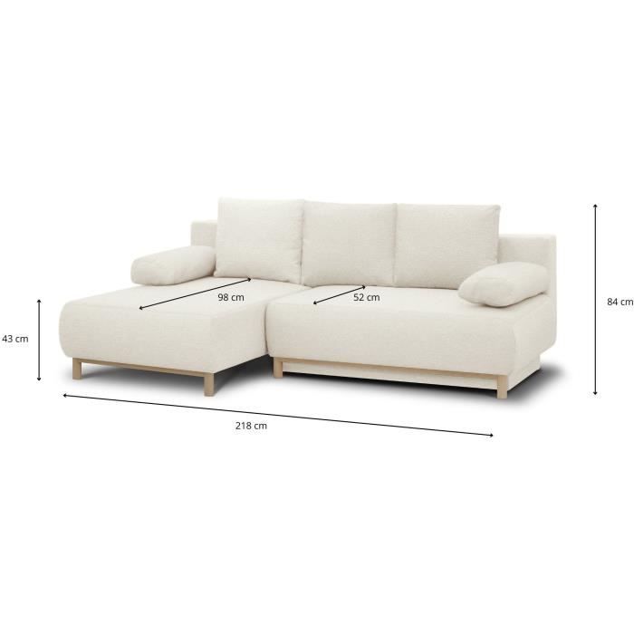 Canapé d'angle gauche convertible - 3 places - MIKA - Tissu bouclettes écru - Coffre de rangement - 192 x 84 x 93 cm