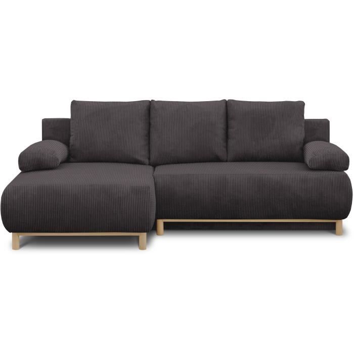 Canapé d'angle gauche convertible - 3 places - MIKA - Tissu velours côtelé gris taupe - Coffre de rangement - 192 x 84 x 93 cm