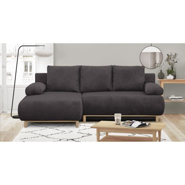 Canapé d'angle gauche convertible - 3 places - MIKA - Tissu velours côtelé gris taupe - Coffre de rangement - 192 x 84 x 93 cm