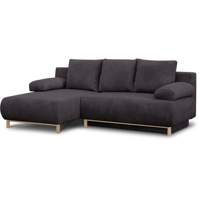 Canapé d'angle gauche convertible - 3 places - MIKA - Tissu velours côtelé gris taupe - Coffre de rangement - 192 x 84 x 93 cm