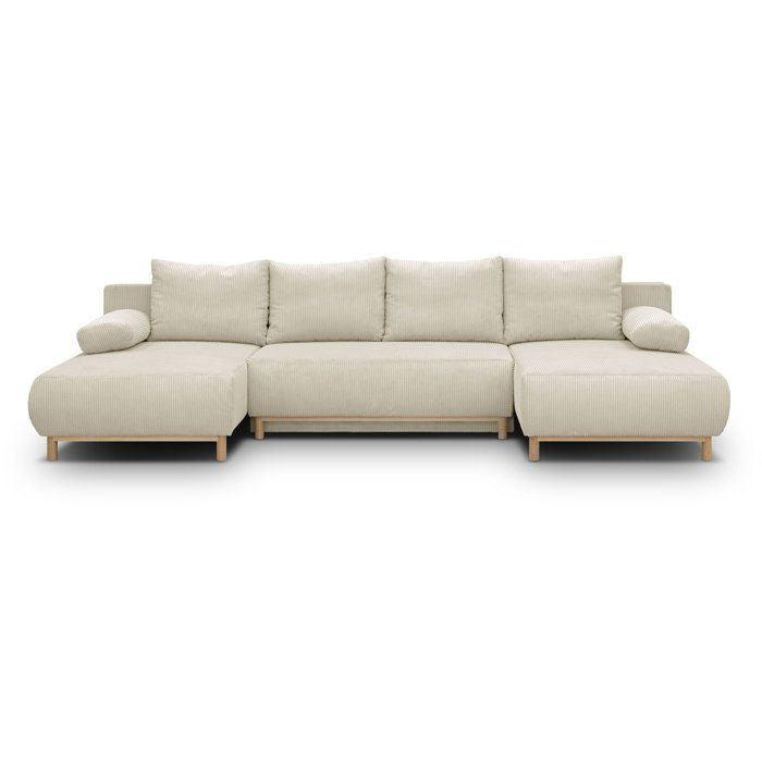 Canapé panoramique convertible - 6 places - MIKA - Velours côtelé Beige - Coffre de rangement - 313 x 84 x 145 cm