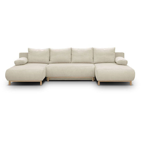 Canapé panoramique convertible - 6 places - MIKA - Velours côtelé Beige - Coffre de rangement - 313 x 84 x 145 cm