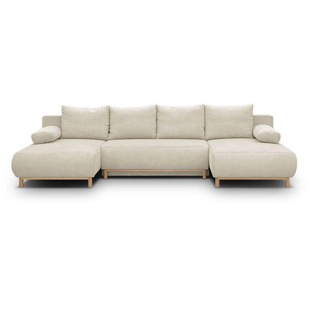 Canapé panoramique convertible - 6 places - MIKA - Velours côtelé Beige - Coffre de rangement - 313 x 84 x 145 cm