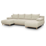 Canapé panoramique convertible - 6 places - MIKA - Velours côtelé Beige - Coffre de rangement - 313 x 84 x 145 cm