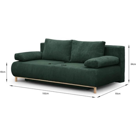Canapé convertible - 3 places - MIKA - Velours côtelé vert foret - Coffre de rangement - L 192 x H 84 x P 93 cm