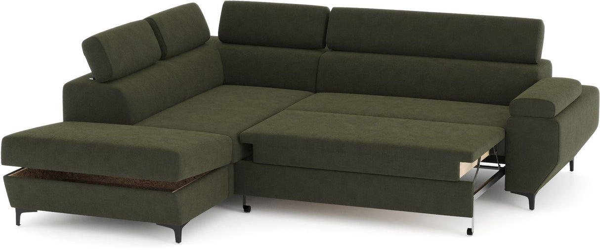 Canapé d'angle convertible - 3 places - MIKY - Tissu Vert foret - Coffre et tetieres - 262 x 235 x 96 cm - CONFORTEAM