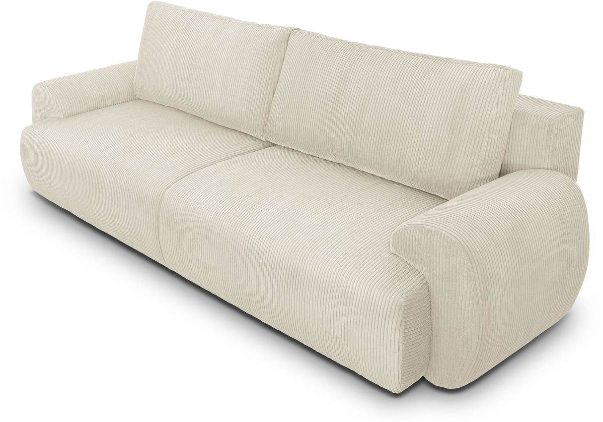 Canapé convertible - 3 places - MILO - Tissu velours côtelé Beige - Coffre de rangement - 254 x 99 x 84 cm