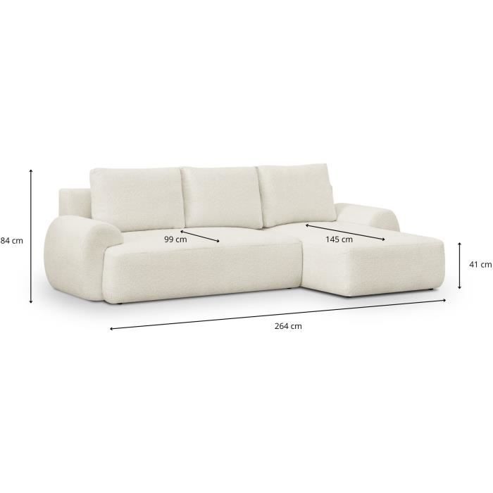 Canapé d'angle droit convertible 4/5 places MILO - Tissu bouclette beige clair - Coffre de rangement - L 264 x H 84 x P 99/145 cm