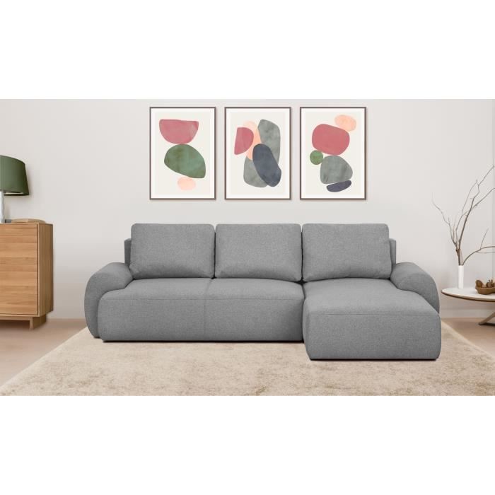 Canapé d'angle droit convertible MILO 4/5 places - Tissu gris - Coffre de rangement - L 264 x H 84 x P 99/145 cm