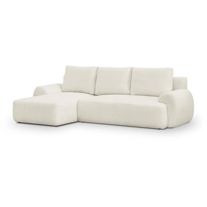 Canapé d'angle gauche convertible 4/5 places MILO - Tissu bouclette beige clair - Coffre de rangement - L 264 x H 84 x P 99/145 cm