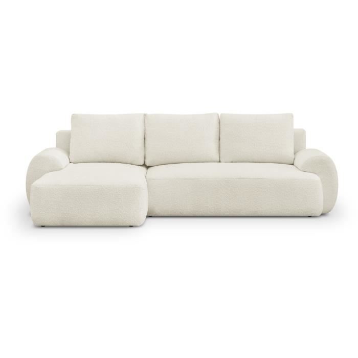 Canapé d'angle gauche convertible 4/5 places MILO - Tissu bouclette beige clair - Coffre de rangement - L 264 x H 84 x P 99/145 cm