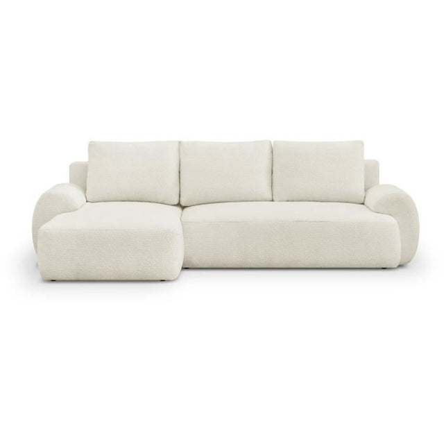 Canapé d'angle gauche convertible 4/5 places MILO - Tissu bouclette beige clair - Coffre de rangement - L 264 x H 84 x P 99/145 cm