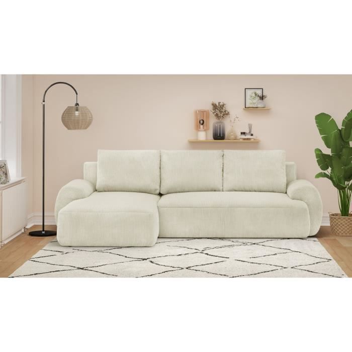 Canapé d'angle gauche convertible 4/5 places MILO - Velours côtelés beige - Coffre de rangement - L 264 x H 84 x P 99/145 cm
