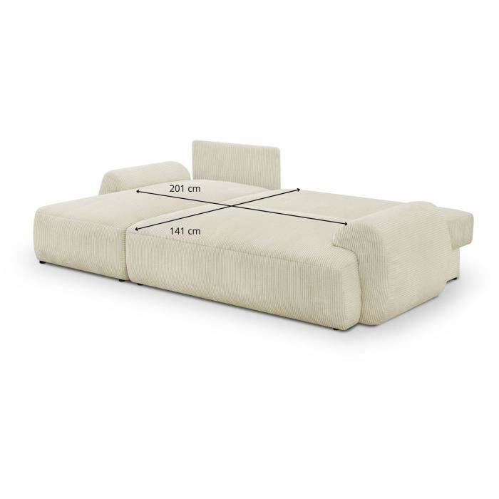 Canapé d'angle gauche convertible 4/5 places MILO - Velours côtelés beige - Coffre de rangement - L 264 x H 84 x P 99/145 cm