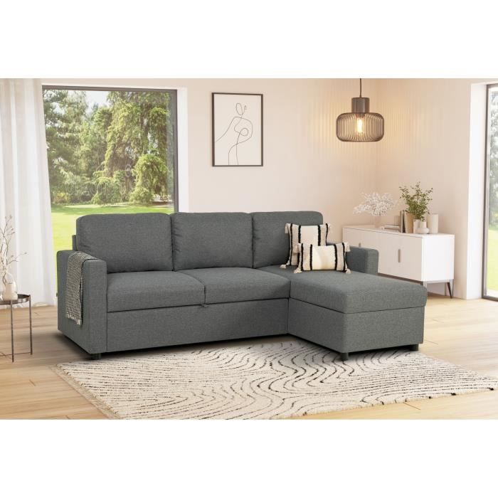 Canapé d'angle convertible réversible - MILOS - 3 places avec coffre - Tissu gris anthracite - 213 x 85 x 145 cm