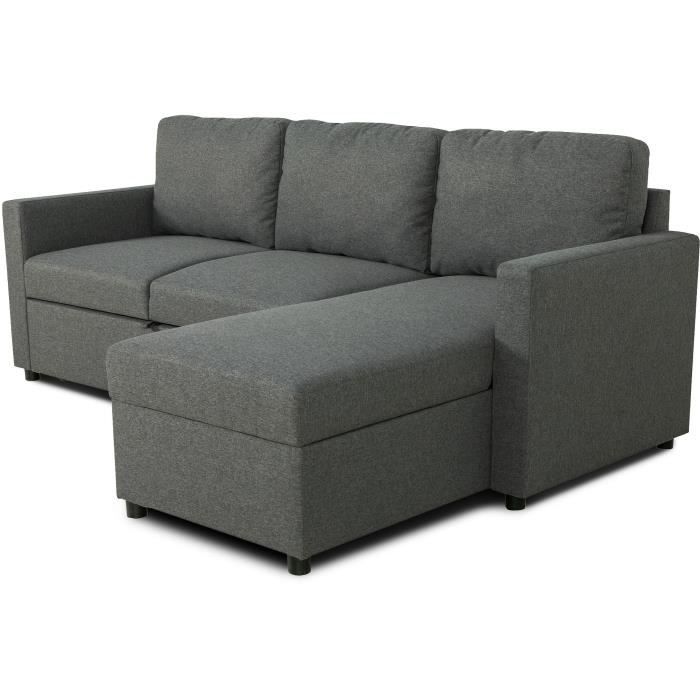 Canapé d'angle convertible réversible - MILOS - 3 places avec coffre - Tissu gris anthracite - 213 x 85 x 145 cm