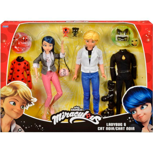Pack 2 figurines - BANDAI - Miraculous - Marinette et Adrien avec 2 tenues Ladybug Chat Noir, accessoires - 26 cm