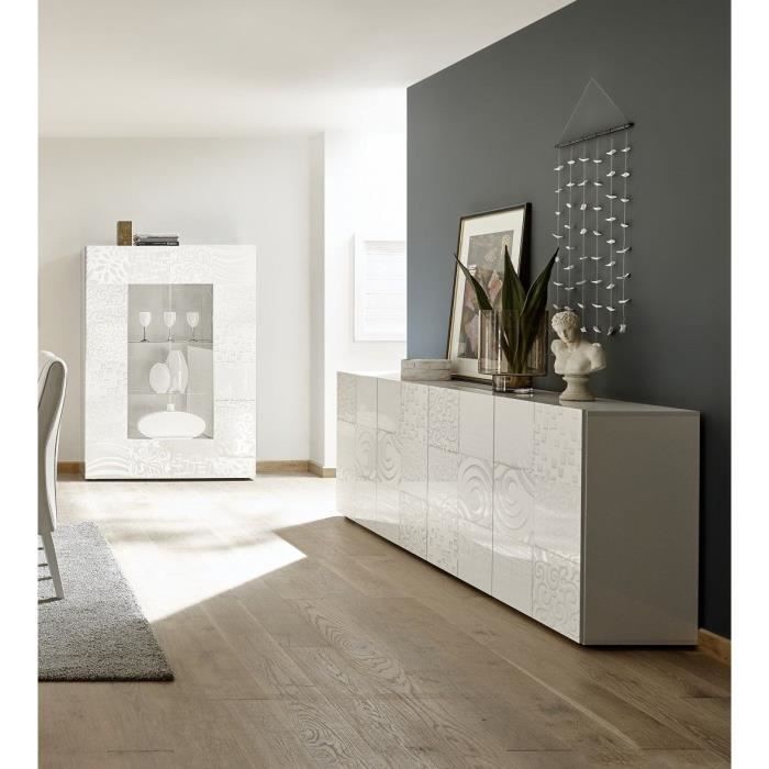 Buffet - MIRONA - 4 portes - Blanc laqué brillant avec serigraphie - 241 x 43 x 84 cm