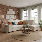 Canapé d'angle convertible réversible - 4/5 places - MITCHELL - Velours côtelé Beige - Coffre, Poufs USB - 247 x 205 x 91 cm