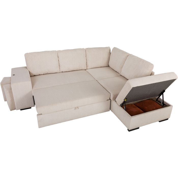 Canapé d'angle convertible réversible - 4/5 places - MITCHELL - Velours côtelé Beige - Coffre, Poufs USB - 247 x 205 x 91 cm