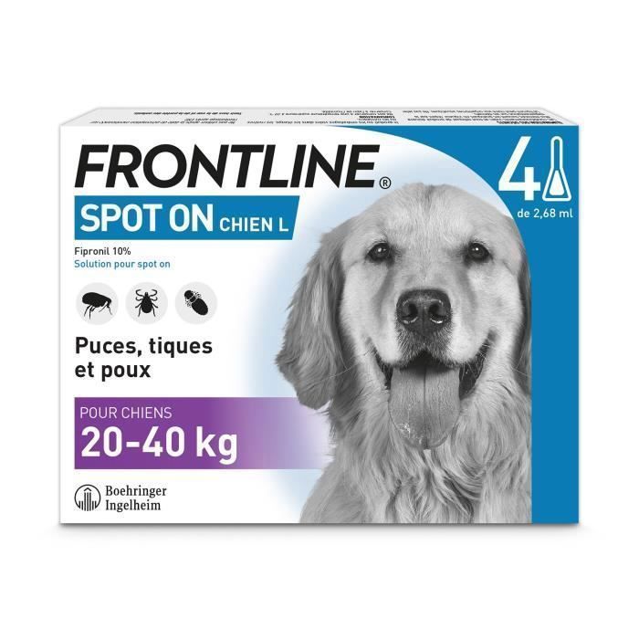 FRONTLINE 4 pipettes Spot On Chien L - 20 a 40 kg - Puces tiques et poux