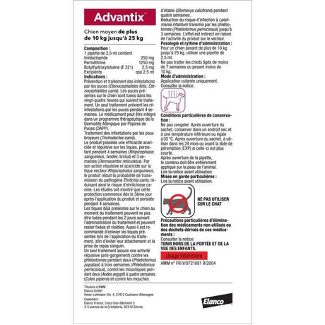 ADVANTIX Chien Solution Antiparasitaire Race Moyenne 10 a 25kg 6 pipettes