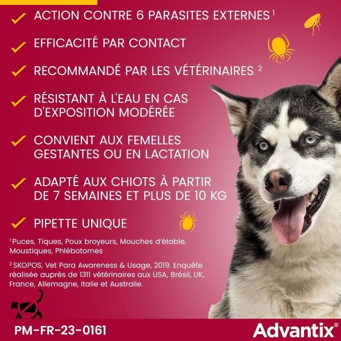 ADVANTIX Chien Solution Antiparasitaire Race Moyenne 10 a 25kg 6 pipettes