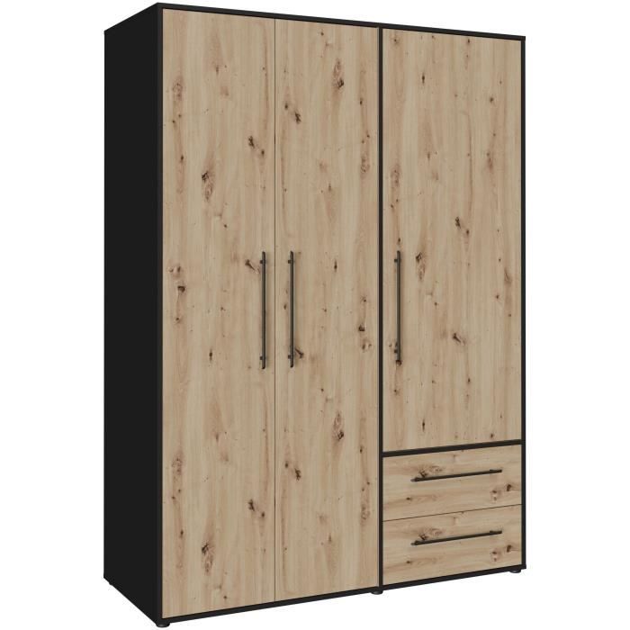 Armoire -  Décor Chene Artisan / Noir - 3 portes - L144,4 x P58,8 x H200cm - MOKKARIS
