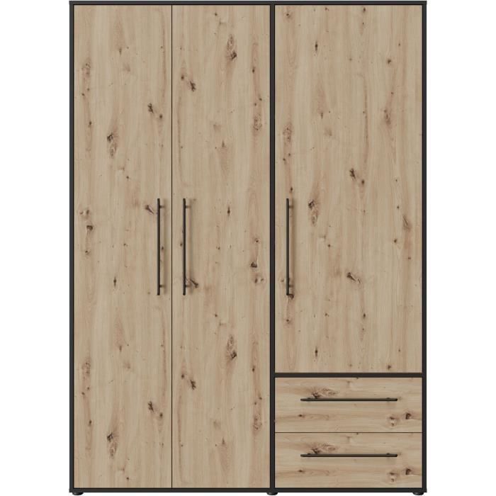 Armoire -  Décor Chene Artisan / Noir - 3 portes - L144,4 x P58,8 x H200cm - MOKKARIS