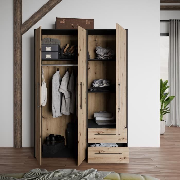 Armoire -  Décor Chene Artisan / Noir - 3 portes - L144,4 x P58,8 x H200cm - MOKKARIS