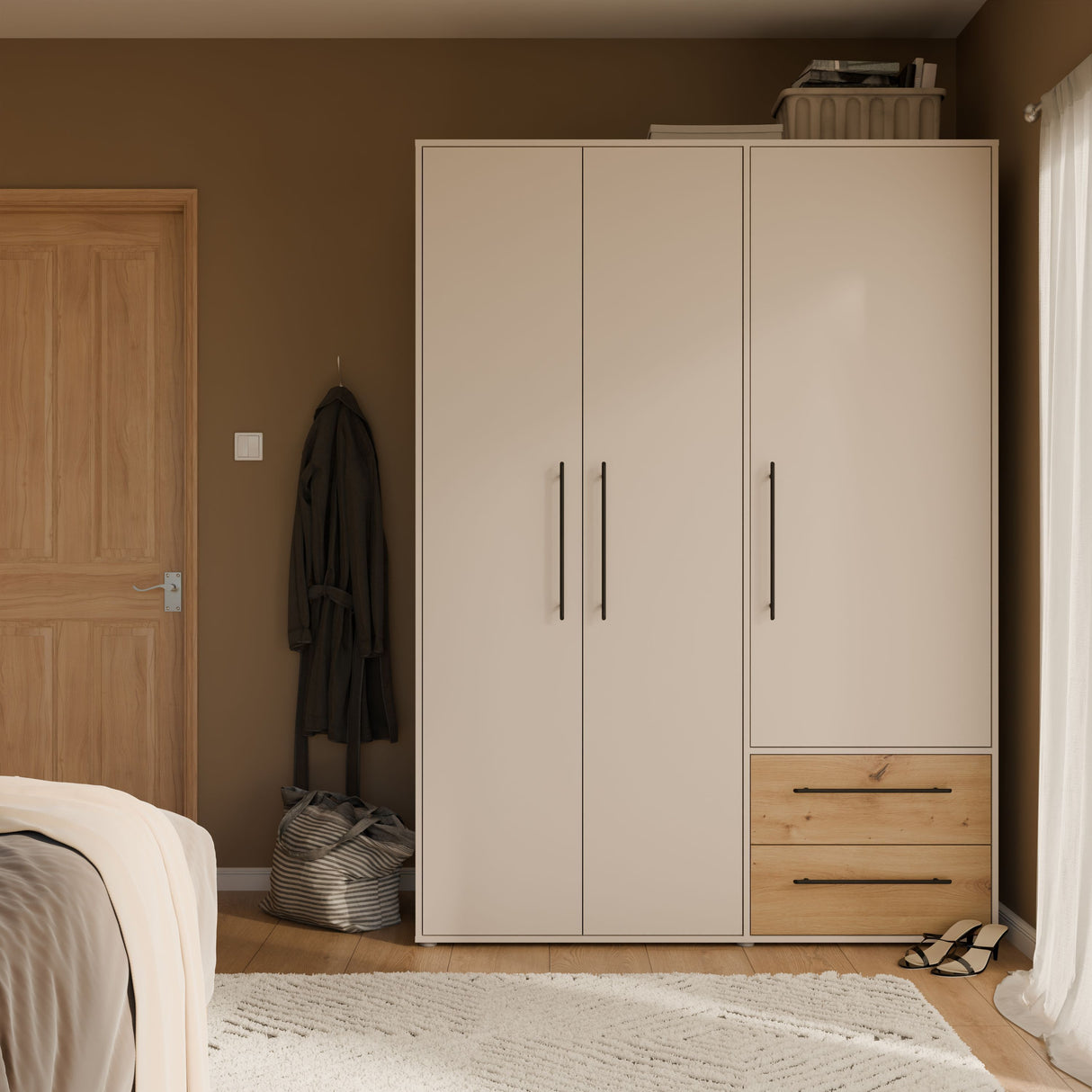 Armoire de chambre - Sable et Chene - 3 portes battantes - L144,4 x P58,8 x H200,1 cm - MOKKARIS