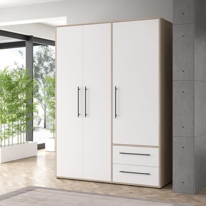 Armoire - Chene Sonoma / Blanc mat - 3 portes - L144,4 x P58,8 x H200cm - MOKKARIS