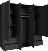 Armoire de chambre - MOKKARIS - Décor Noir - 4 portes battantes - 4 tiroirs - L205,9 x P58,8 x H200cm