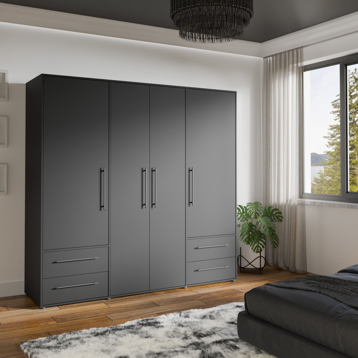 Armoire de chambre - MOKKARIS - Décor Noir - 4 portes battantes - 4 tiroirs - L205,9 x P58,8 x H200cm
