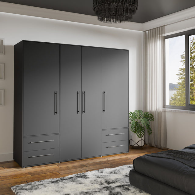 Armoire de chambre - MOKKARIS - Décor Noir - 4 portes battantes - 4 tiroirs - L205,9 x P58,8 x H200cm
