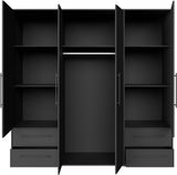 Armoire de chambre - MOKKARIS - Décor Noir - 4 portes battantes - 4 tiroirs - L205,9 x P58,8 x H200cm