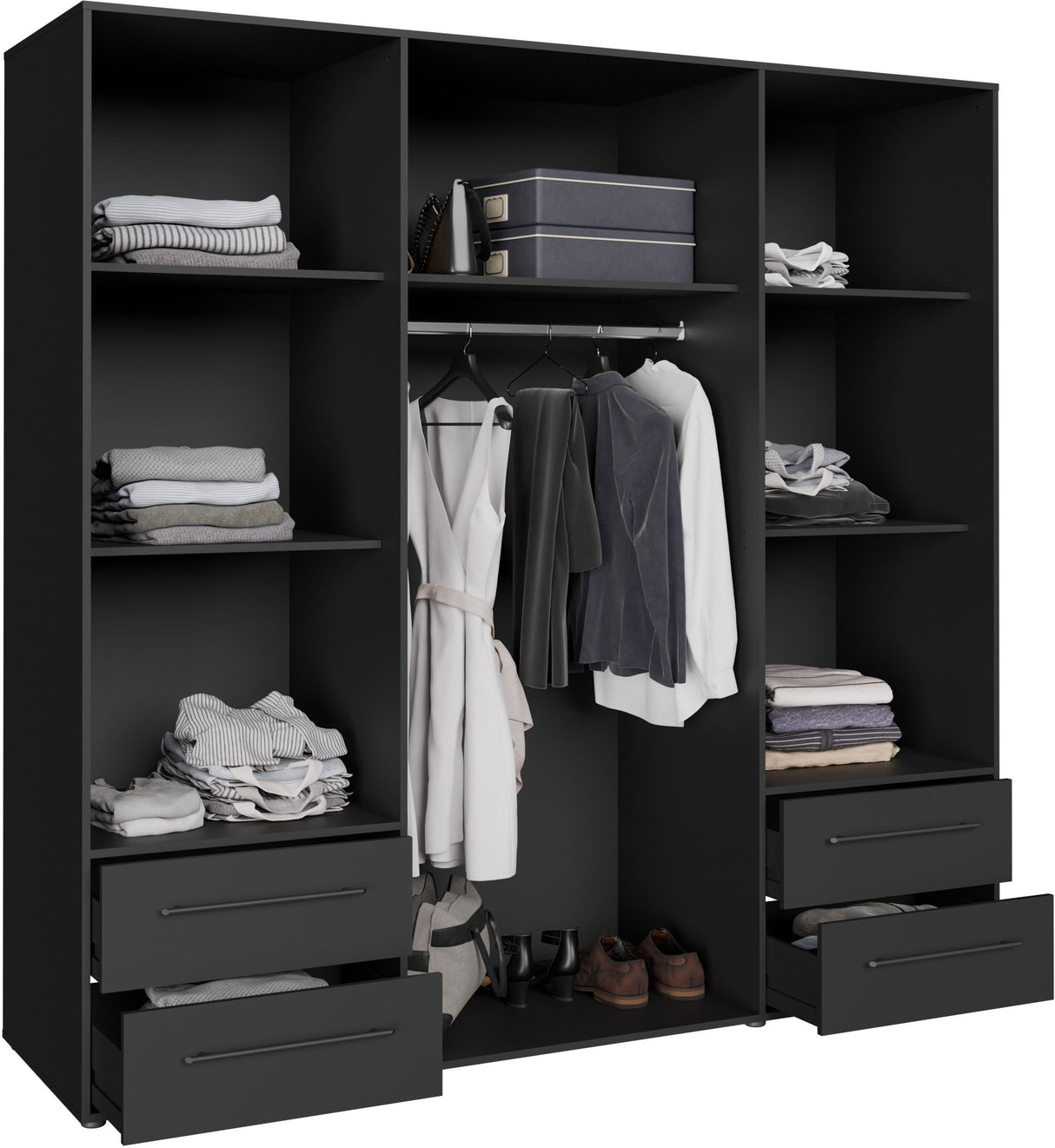 Armoire de chambre - MOKKARIS - Décor Noir - 4 portes battantes - 4 tiroirs - L205,9 x P58,8 x H200cm