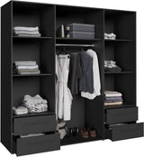 Armoire de chambre - MOKKARIS - Décor Noir - 4 portes battantes - 4 tiroirs - L205,9 x P58,8 x H200cm