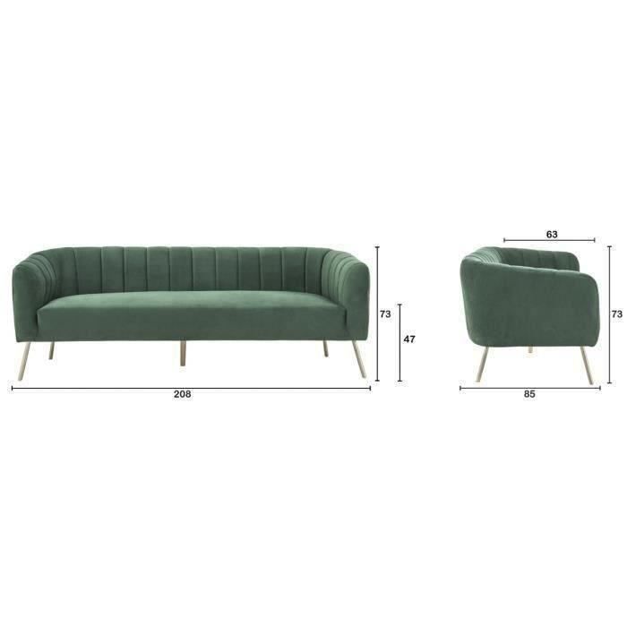 CanapÈ 3 places - Velours vert - L 207 x P 87 x H 77 cm - MATHIS - Structure bois massif