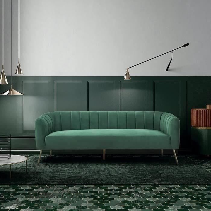 CanapÈ 3 places - Velours vert - L 207 x P 87 x H 77 cm - MATHIS - Structure bois massif