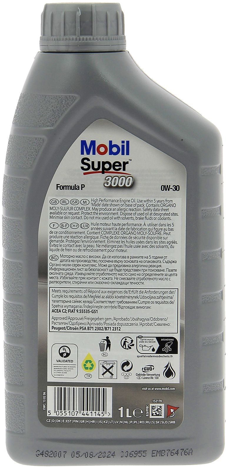 Huile moteur 0W-30 Synthétique - MOBIL - Super 3000 - Formula-P -bidon 1L -  haute performance