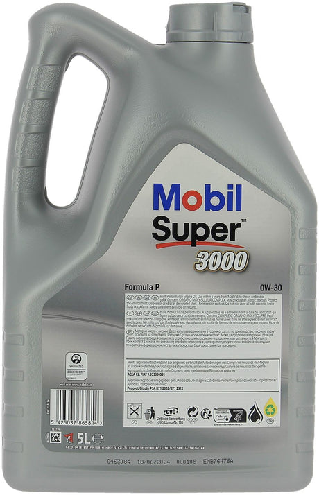 Huile moteur 0W-30 Synthétique - MOBIL - Super 3000 - Formula-V -bidon 5L -  haute performance