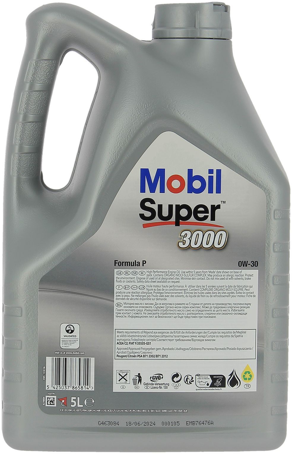 Huile moteur 0W-30 Synthétique - MOBIL - Super 3000 - Formula-V -bidon 5L -  haute performance